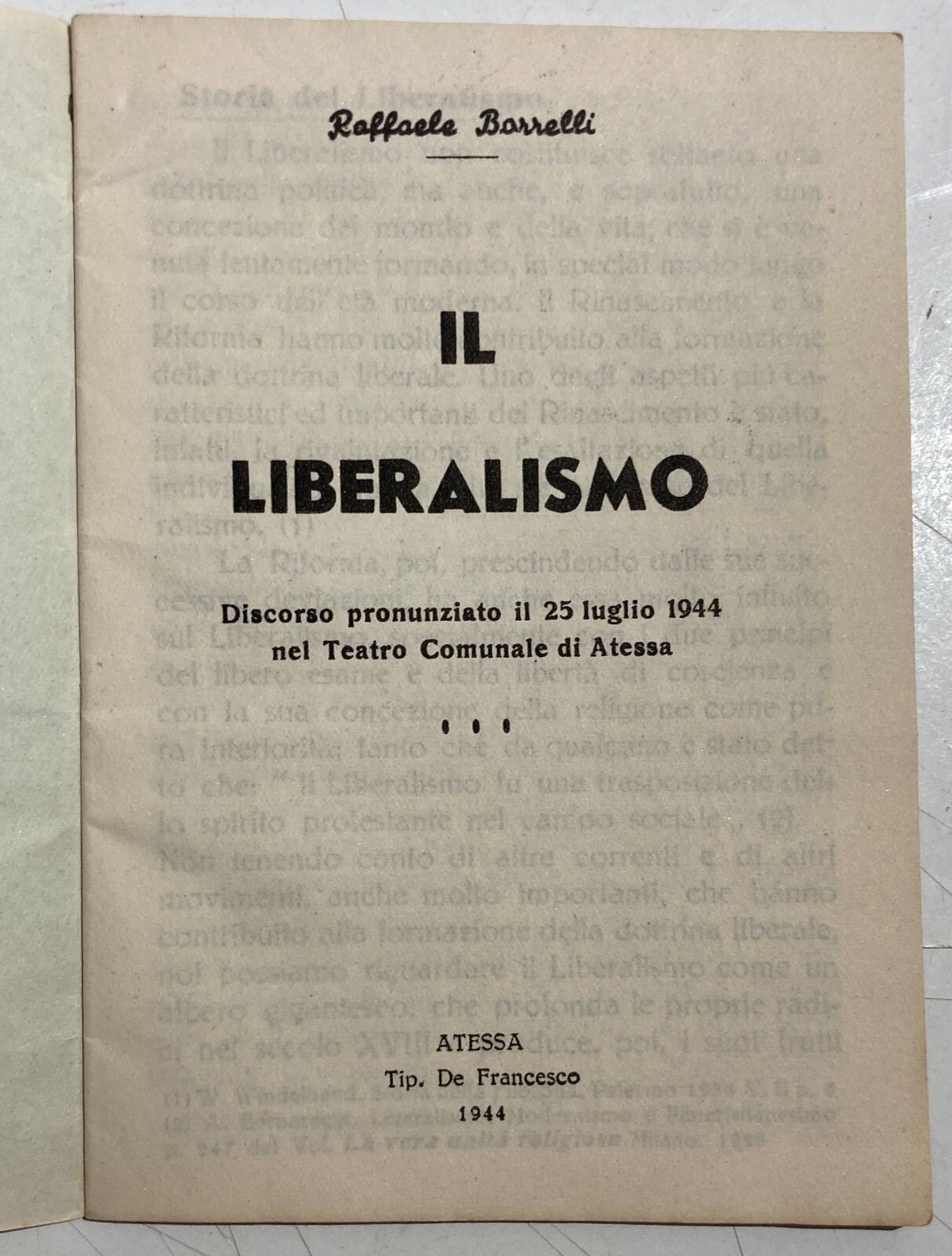 Abruzzo, Atessa: Politica, Liberalismo E Comunismo Borrelli Edizione d'Epoca, 1944