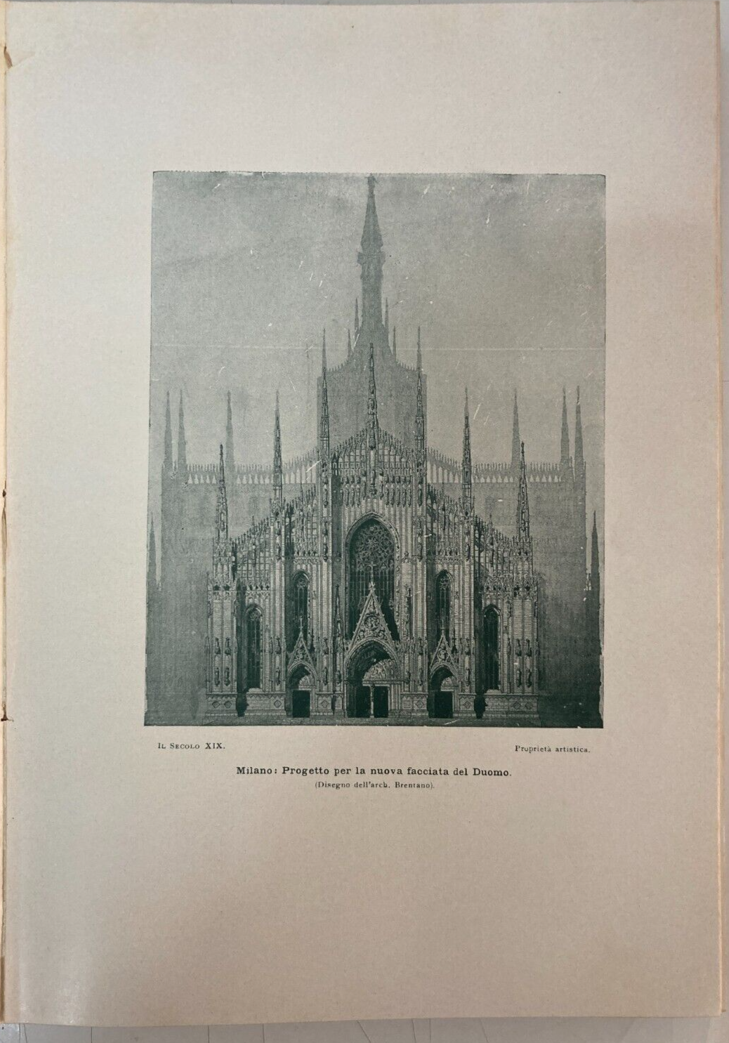 Milano, Architettura. Progetto Facciata Duomo, Architetto Brentano. Antica Stampa