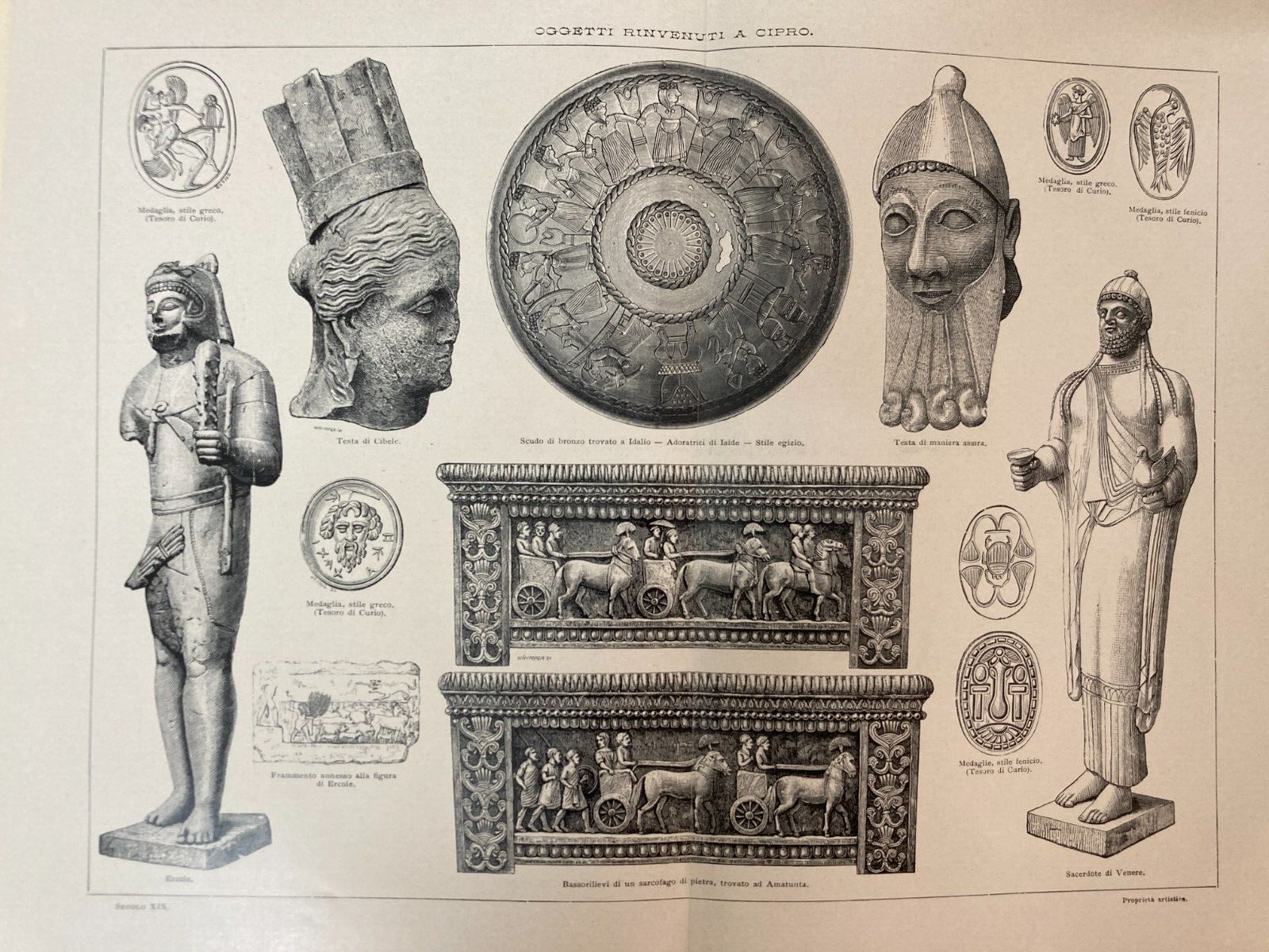 Arte Antica, Scultura, Medaglie E Bassorilievi Da Cipro: Ercole E Cibele. Antica Stampa.