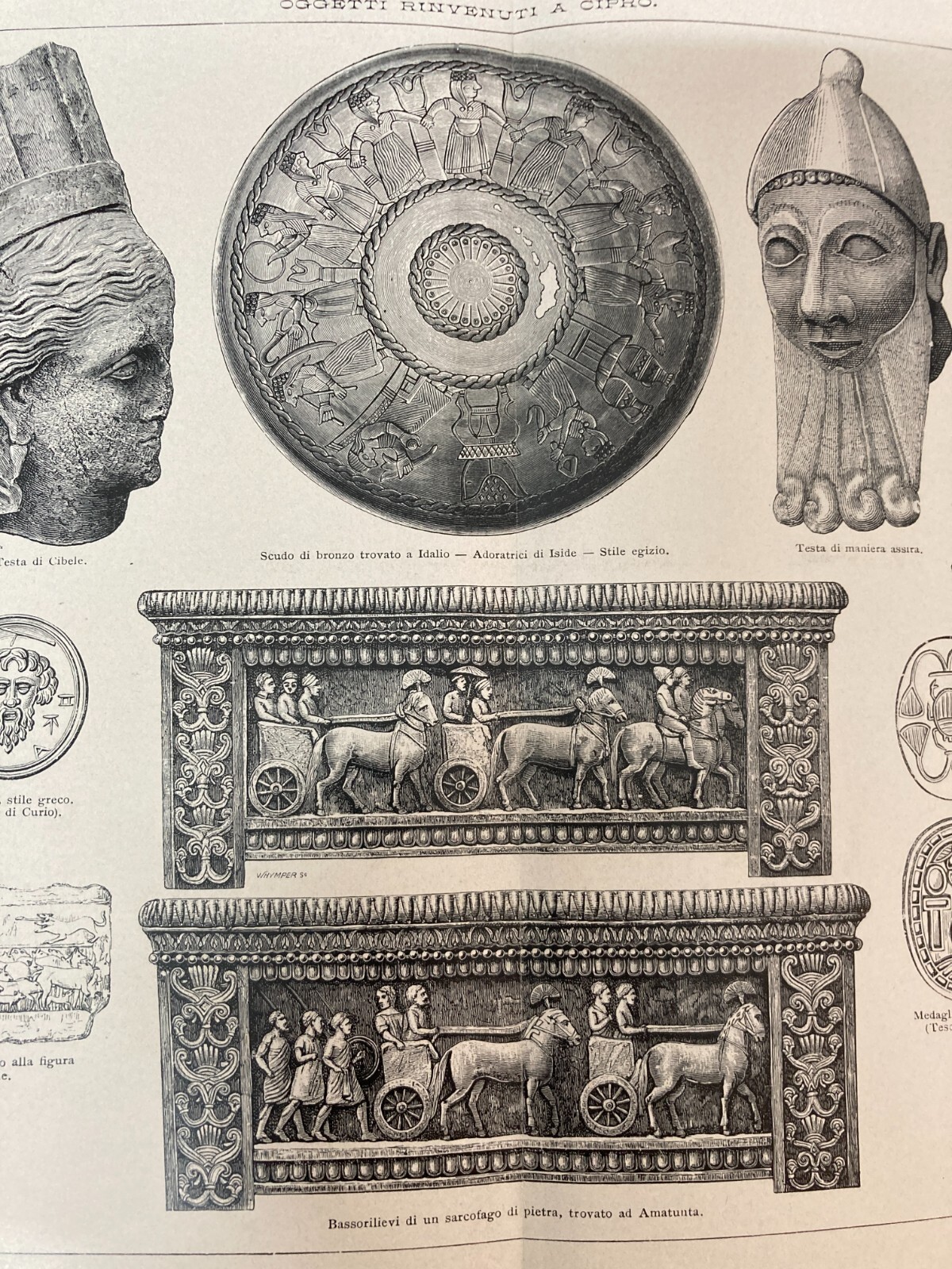 Arte Antica, Scultura, Medaglie E Bassorilievi Da Cipro: Ercole E Cibele. Antica Stampa.