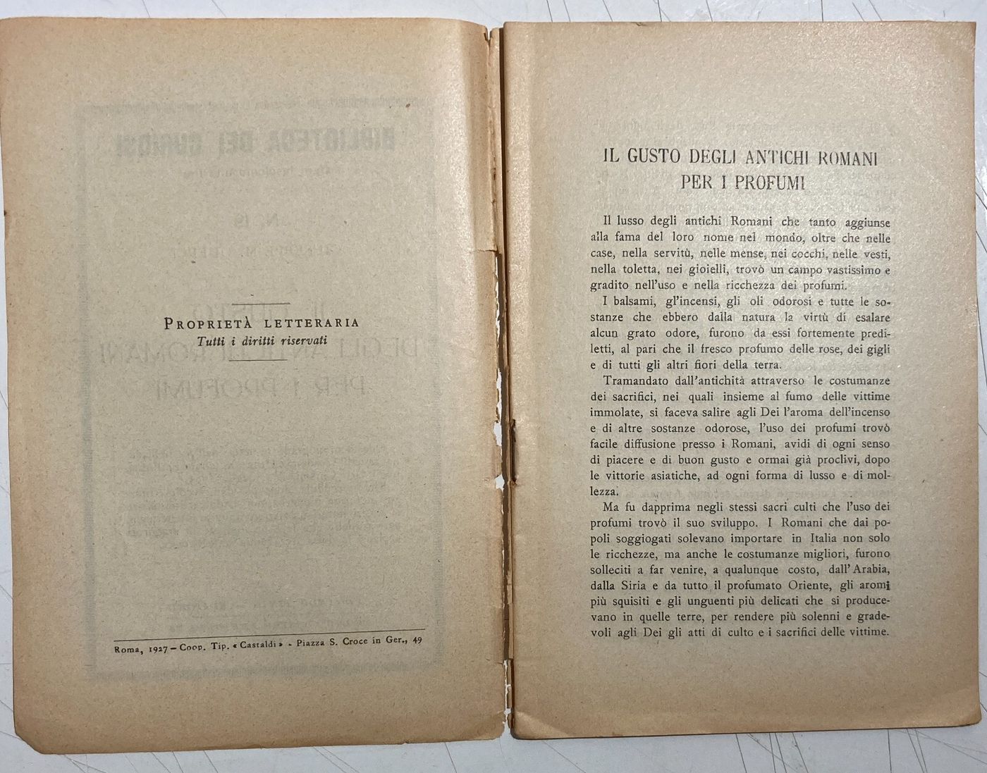 Profumeria Nell'Antica Roma: Profumi E Lusso. Antica Edizione Tinto   Querci, 1927
