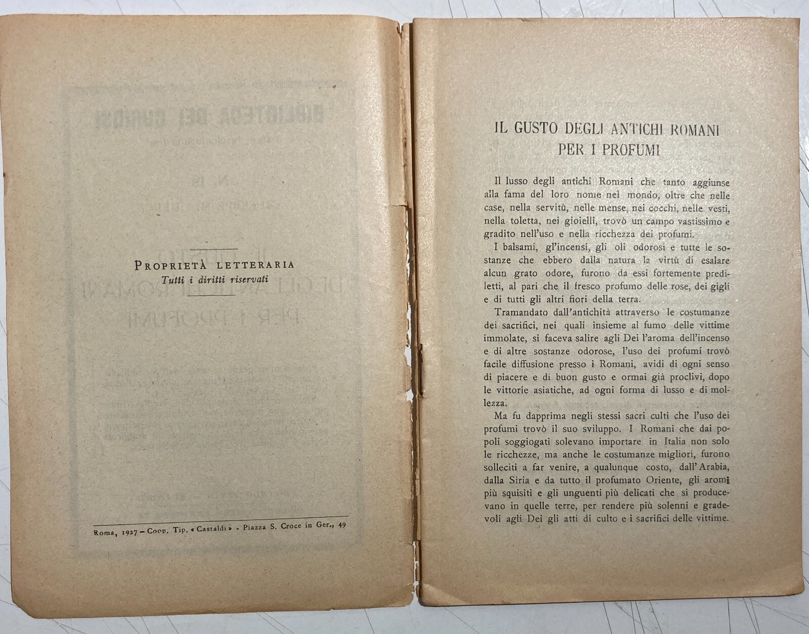 Profumeria Nell'Antica Roma: Profumi E Lusso. Antica Edizione Tinto   Querci, 1927