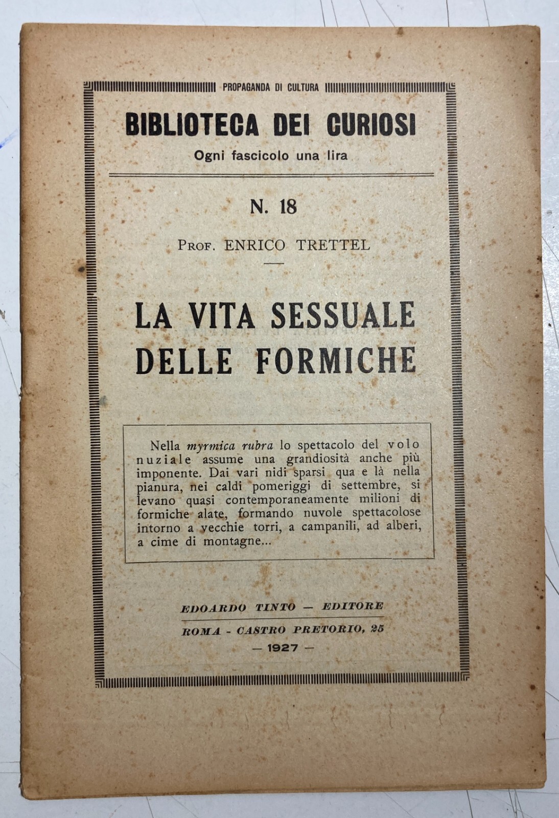 Zoologia: Sessualità Nelle Formiche   Trettel   Antica Edizione   1927