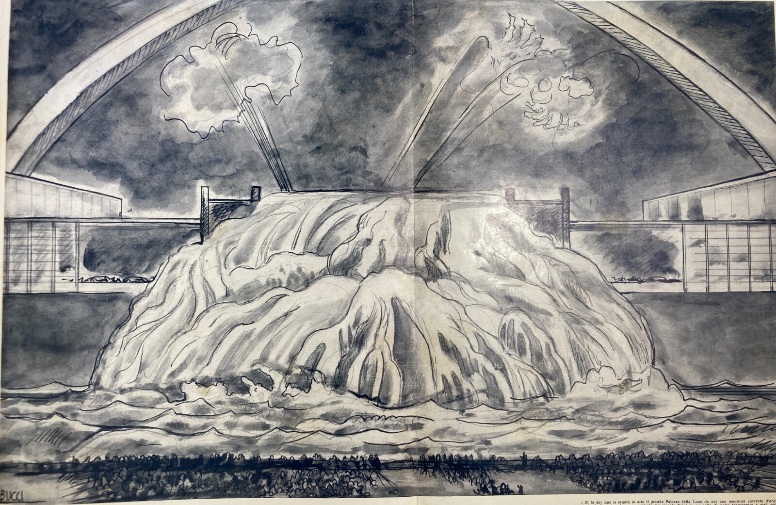 Roma, Esposizione Universale 1943, Palazzo Della Luce E Cascata, Disegno Di Anselmo Bucci