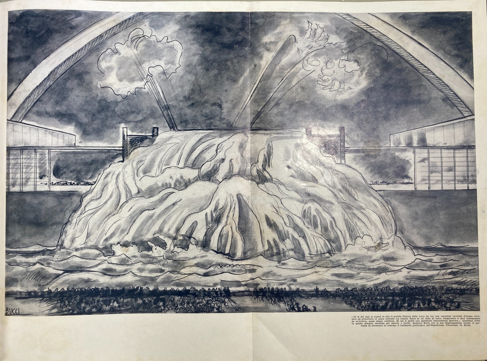 Roma, Esposizione Universale 1943, Palazzo Della Luce E Cascata, Disegno Di Anselmo Bucci