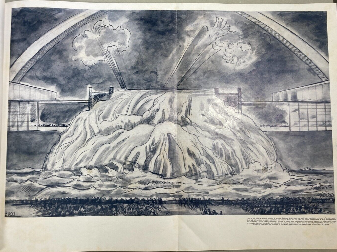 Roma, Esposizione Universale 1943, Palazzo Della Luce E Cascata, Disegno Di Anselmo Bucci