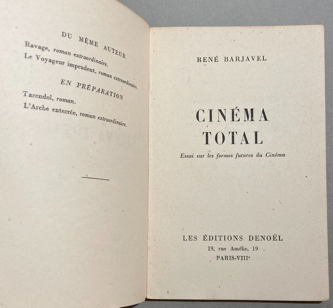 Cinematografia, Cinema, Film E Attori: Barjavel, 'Cinéma Total'   Edizione Francese Del 1944