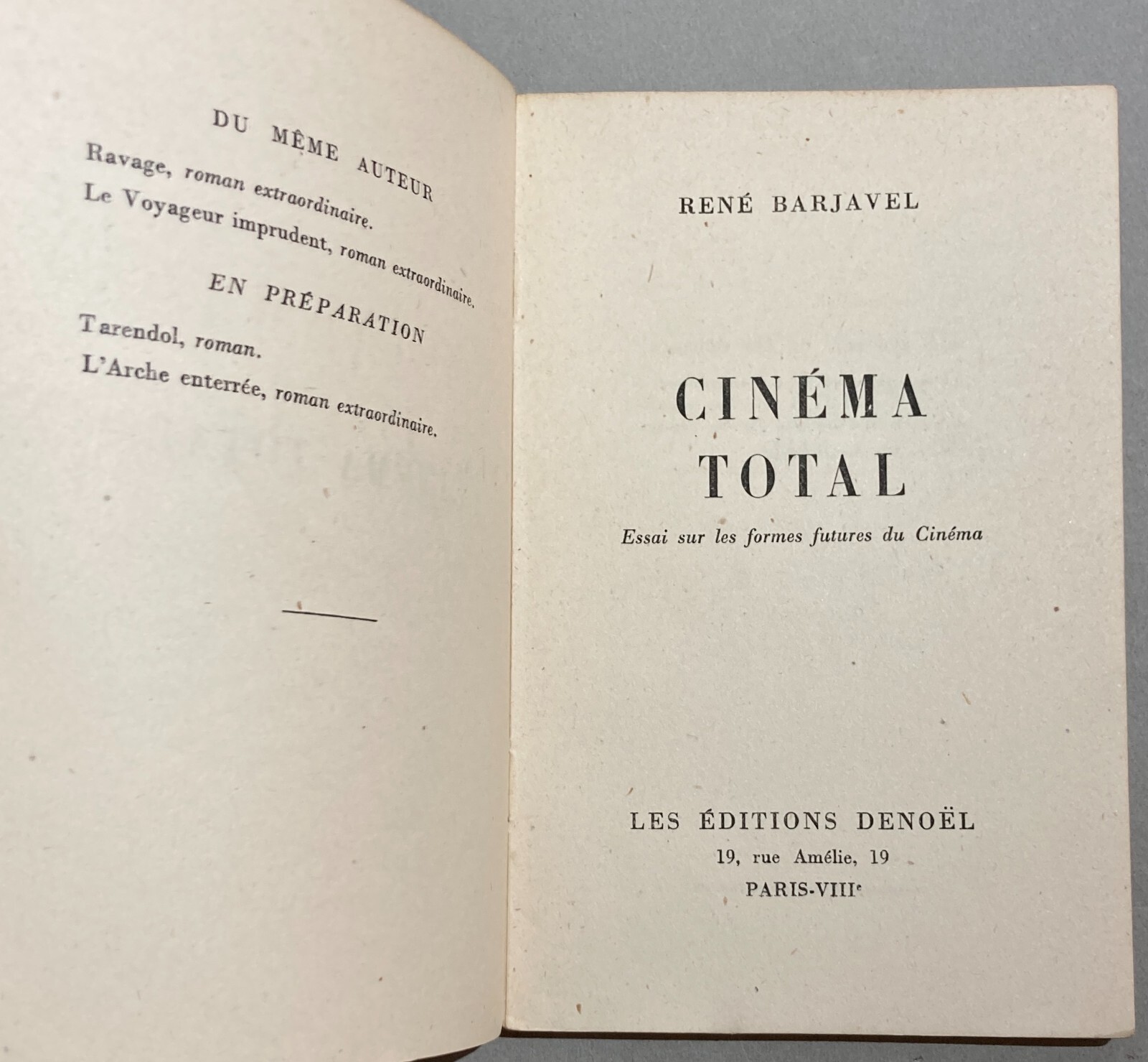 Cinematografia, Cinema, Film E Attori: Barjavel, 'Cinéma Total'   Edizione Francese Del 1944