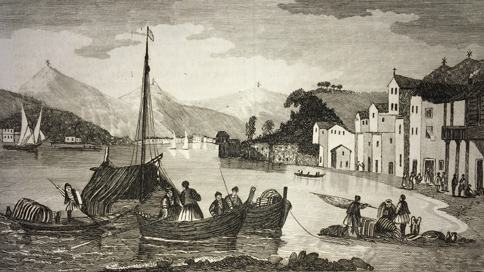 Grecia, Itaca, Bathi (Vathy): Antica Veduta Portuale Animata Con Pescatori, Segoni, 1840