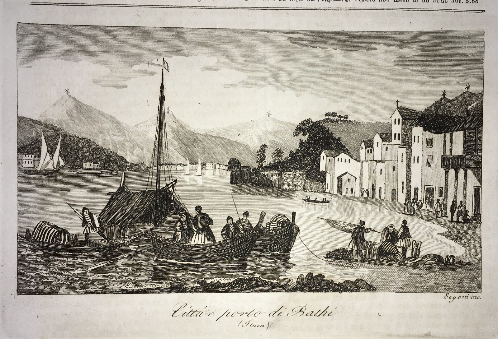 Grecia, Itaca, Bathi (Vathy): Antica Veduta Portuale Animata Con Pescatori, Segoni, 1840