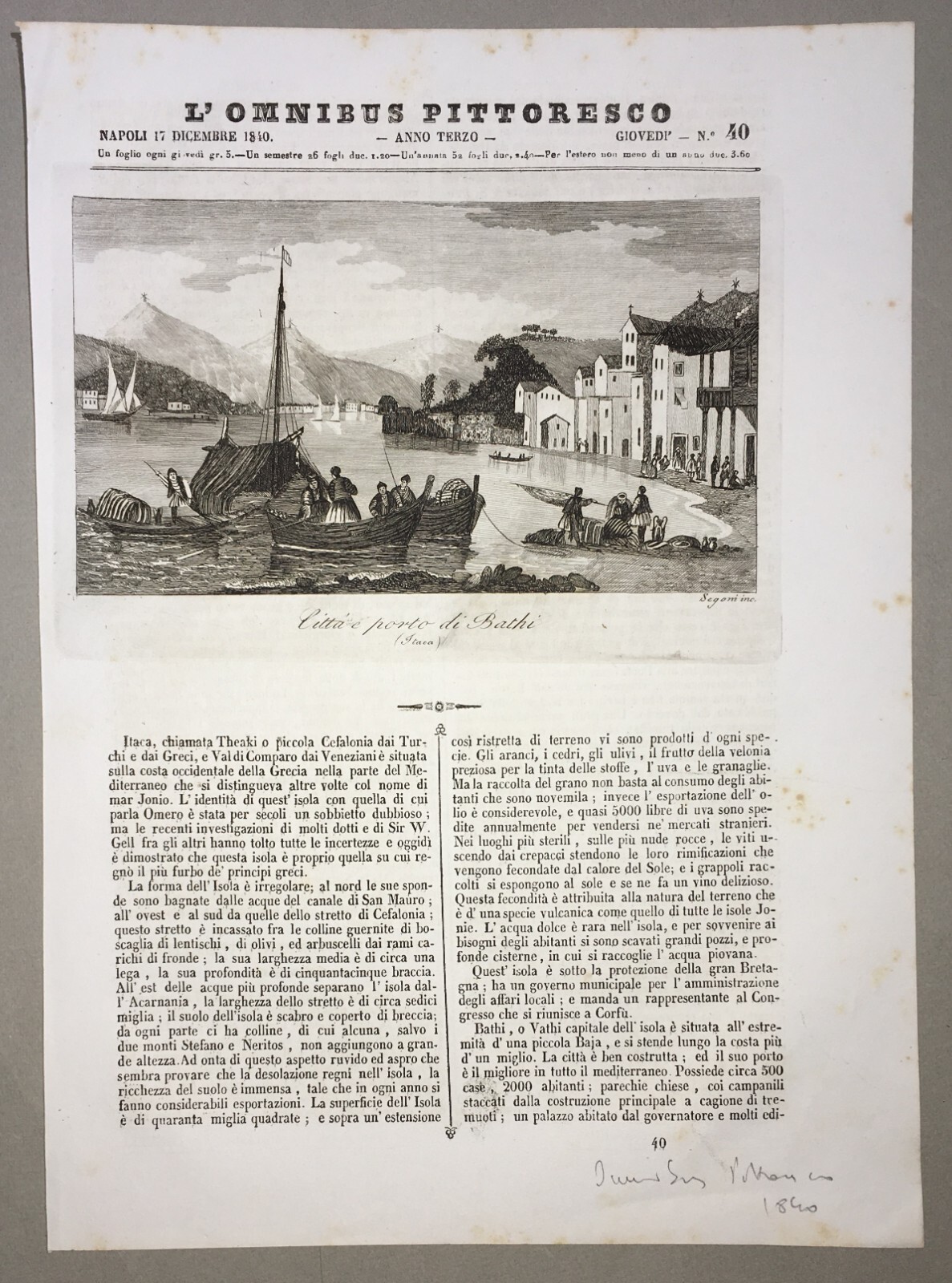 Grecia, Itaca, Bathi (Vathy): Antica Veduta Portuale Animata Con Pescatori, Segoni, 1840