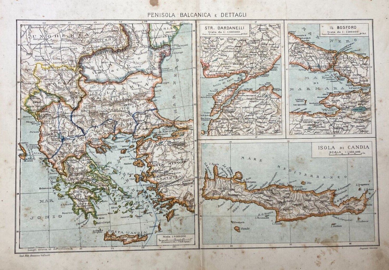 Penisola Balcanica, Grecia, Candia, Bosforo, Dardanelli, Salento. Antica Cartografia