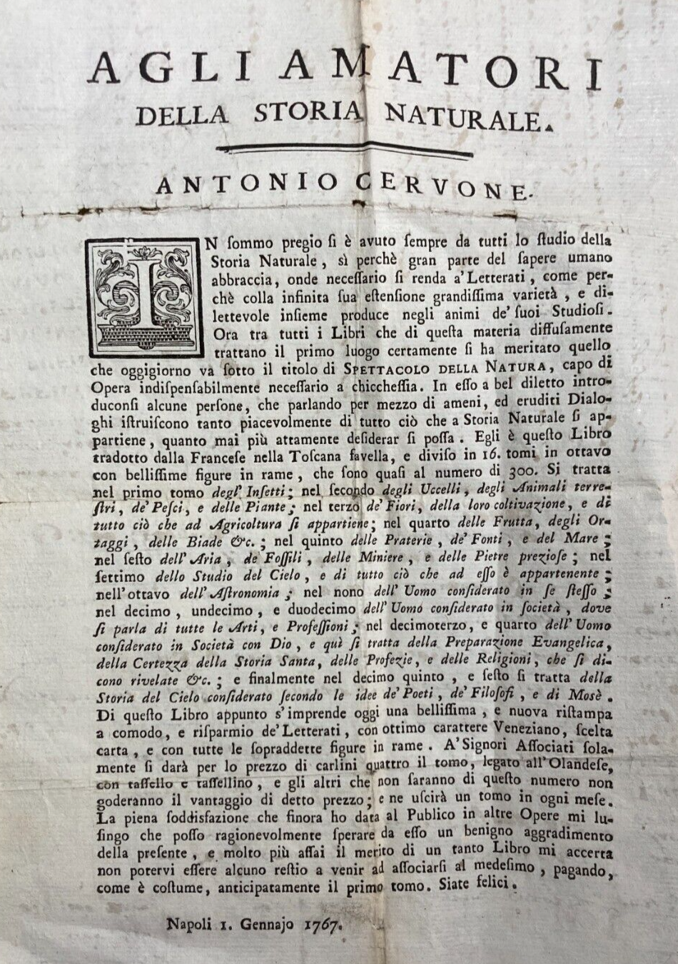Antico Foglio Volante Napoli Stampatore Cervone Pubblicitario Editoriale 1767