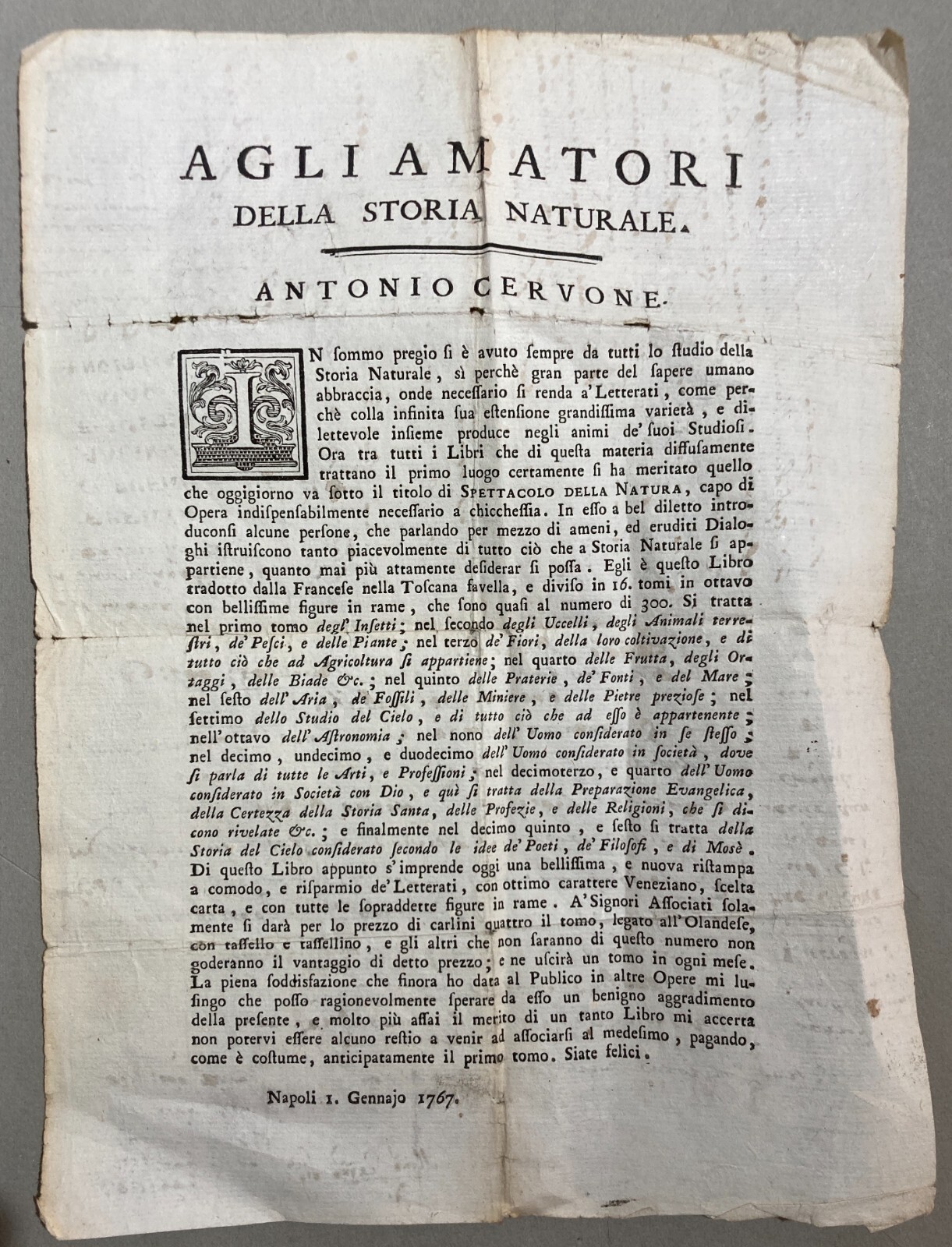 Antico Foglio Volante Napoli Stampatore Cervone Pubblicitario Editoriale 1767