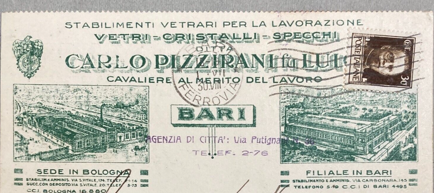 Vetri   Vetreria Pizzirani   Bologna   Bari   Cartolina Pubblicitaria   Lito Costa   1930