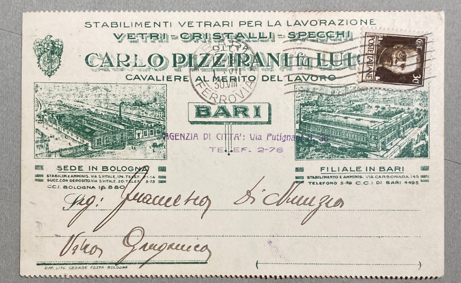 Vetri   Vetreria Pizzirani   Bologna   Bari   Cartolina Pubblicitaria   Lito Costa   1930