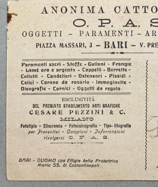 Puglia, Bari: Cartolina Pubblicitaria Opas, Pezzini. Duomo E Madonna Di Costantinopoli