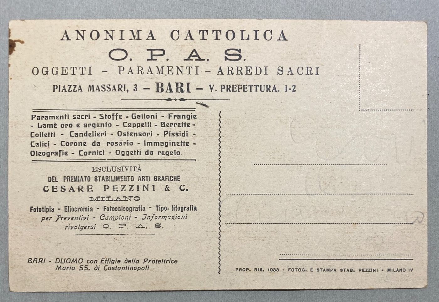 Puglia, Bari: Cartolina Pubblicitaria Opas, Pezzini. Duomo E Madonna Di Costantinopoli