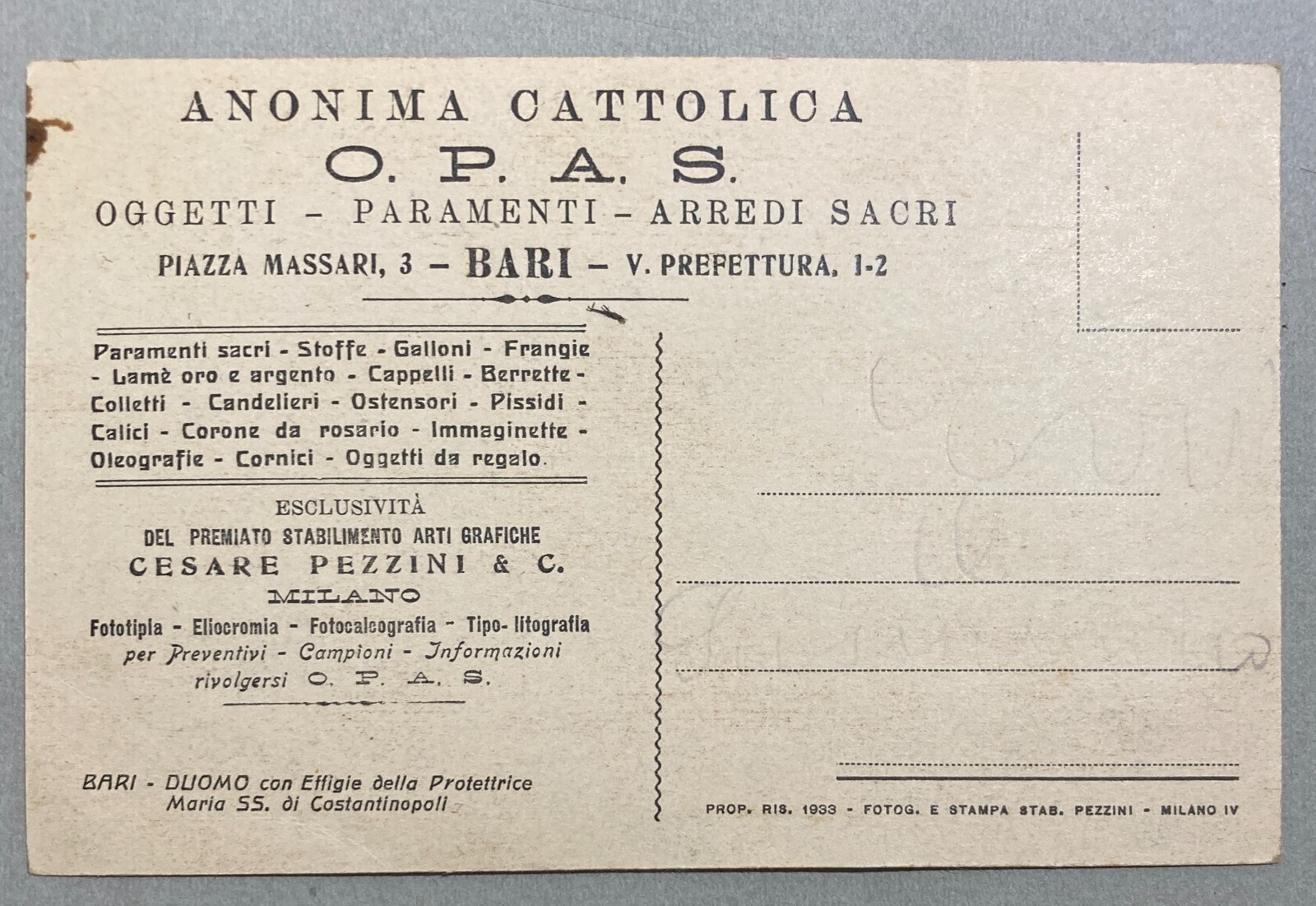 Puglia, Bari: Cartolina Pubblicitaria Opas, Pezzini. Duomo E Madonna Di Costantinopoli