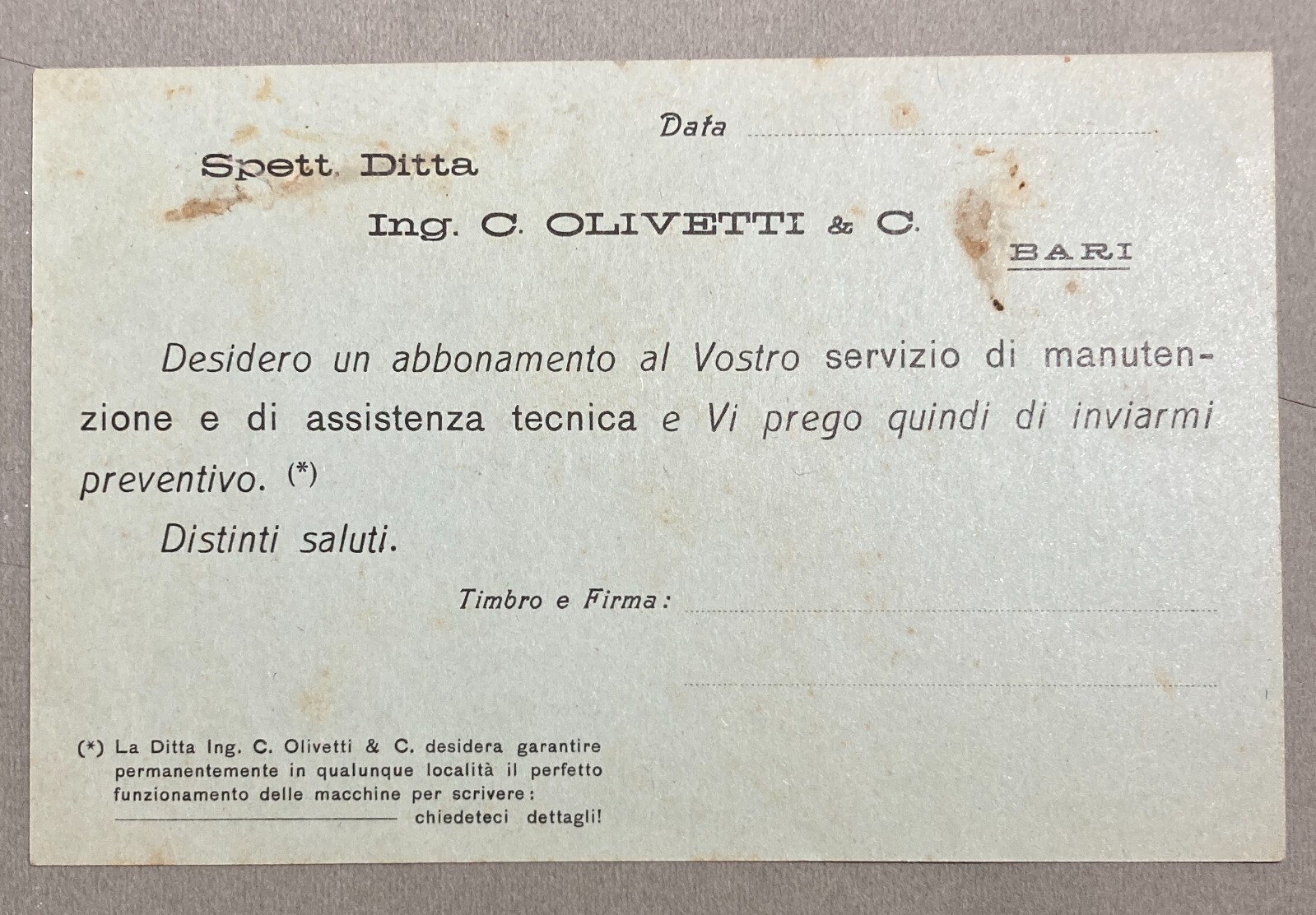 Puglia, Bari: Cartolina Pubblicitaria Olivetti. Manutenzione. Giglio Tos (Ivrea)