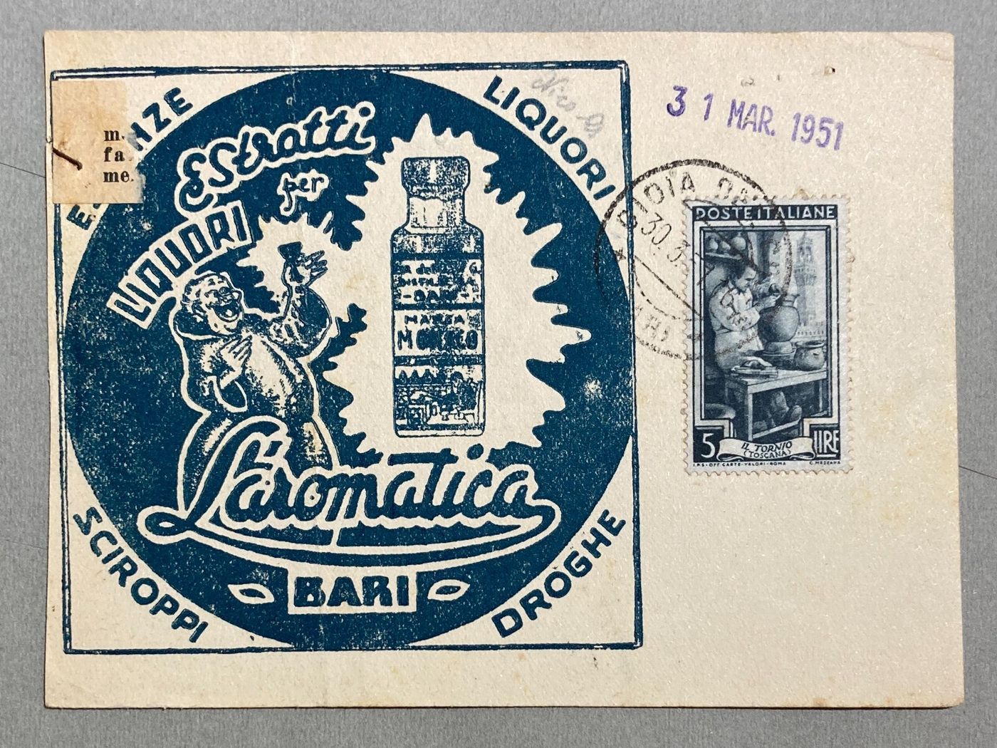 Puglia, Bari   Cartoncino Pubblicitario Distilleria Liquori L'Aromatica