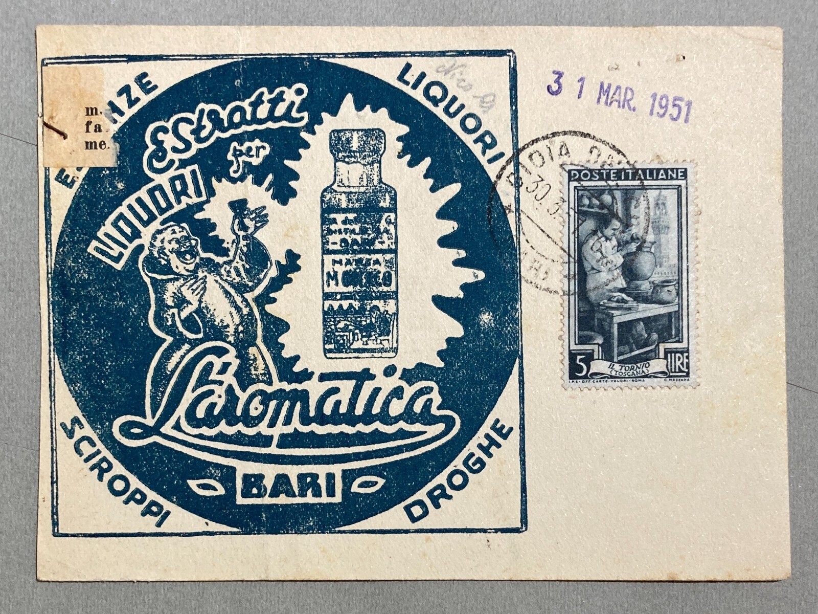 Puglia, Bari   Cartoncino Pubblicitario Distilleria Liquori L'Aromatica