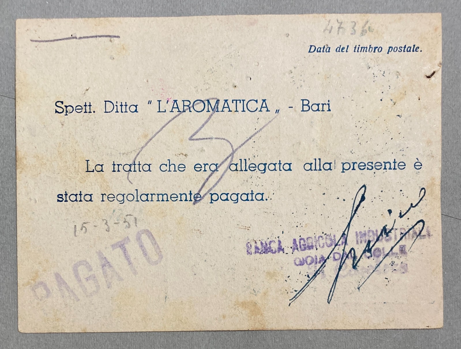 Puglia, Bari   Cartoncino Pubblicitario Distilleria Liquori L'Aromatica