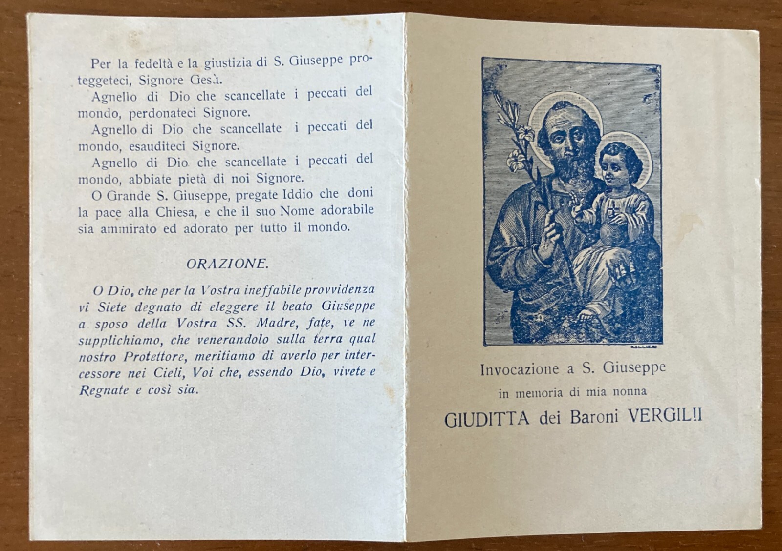 Abruzzo, Depliant Devozionale, Preghiera A San Giuseppe, Giuditta Dei Baroni Vergilii