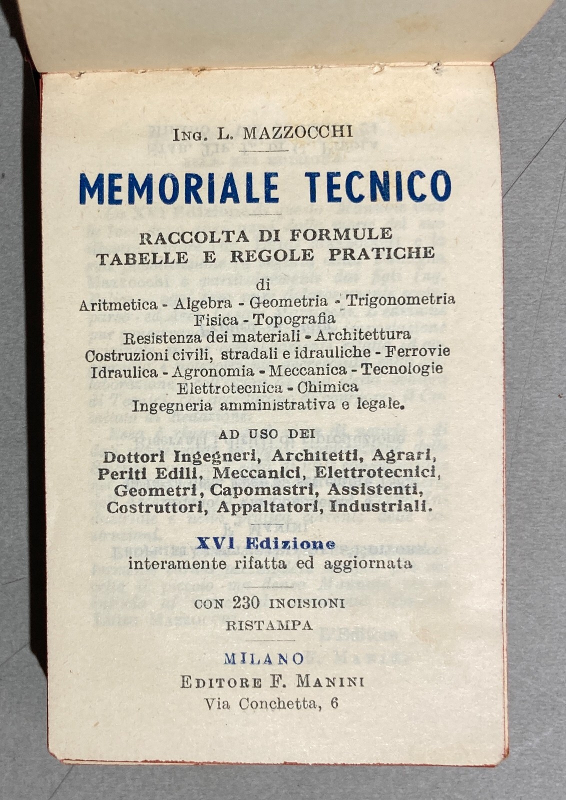 Prontuario Tecnico Formulario Mazzocchi, Edizione Tascabile, Anni '50