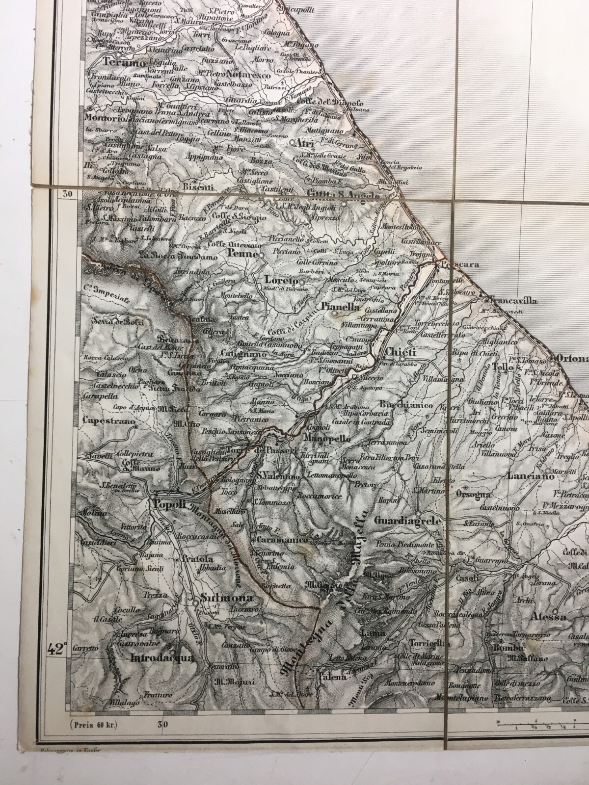 Abruzzo, Marche, Molise: Antica Cartografia Della Litoranea Adriatica Su Tela d'Epoca