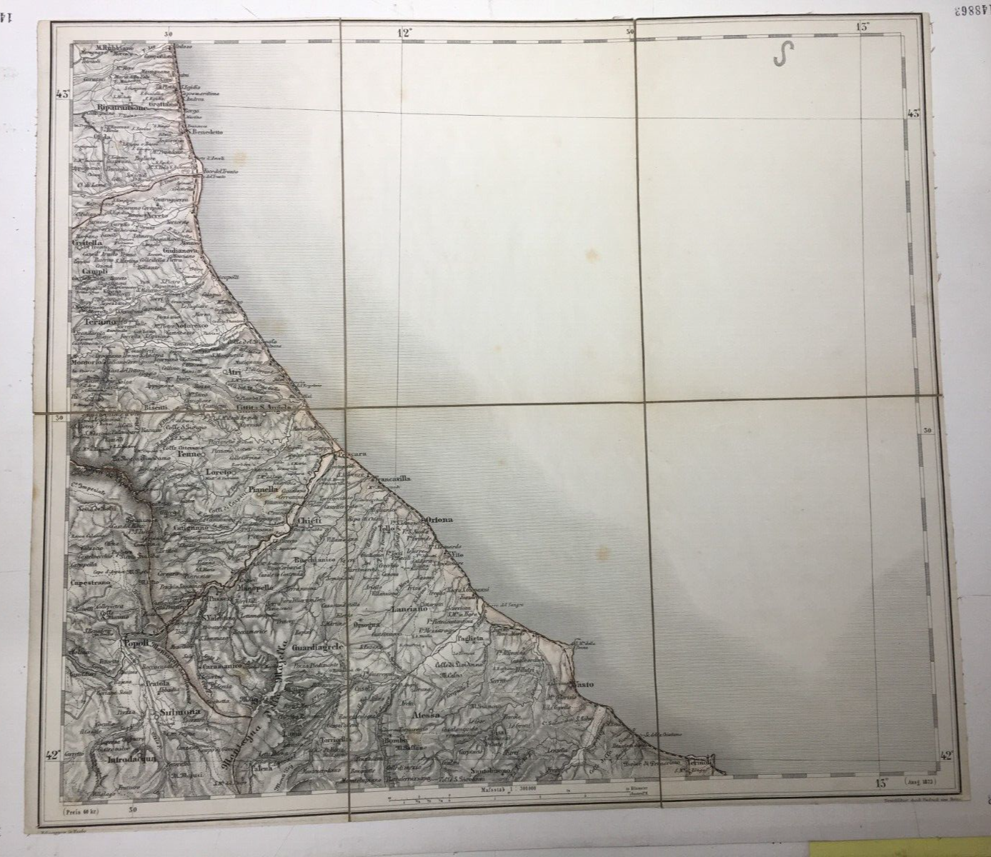 Abruzzo, Marche, Molise: Antica Cartografia Della Litoranea Adriatica Su Tela d'Epoca