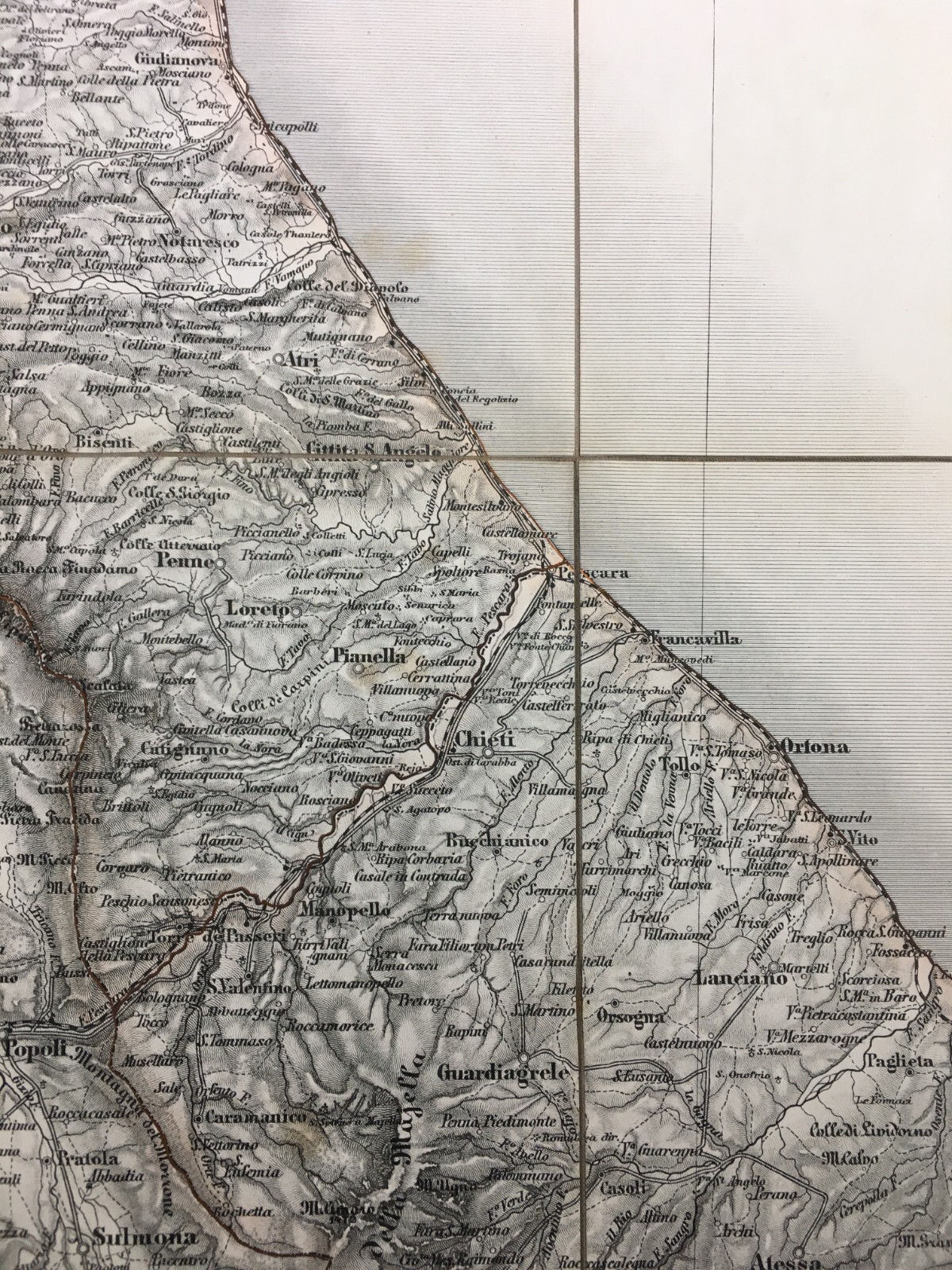 Abruzzo, Marche, Molise: Antica Cartografia Della Litoranea Adriatica Su Tela d'Epoca