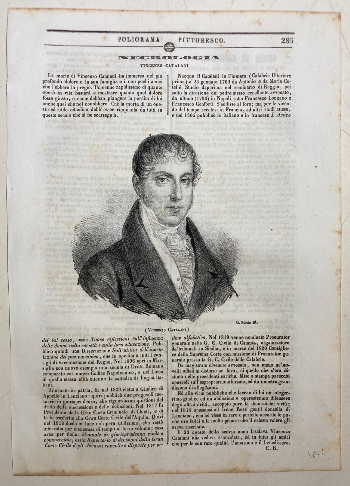 Calabria Fiumara Antico Ritratto Catalani Litografia Dell'800 Riccio Napoli