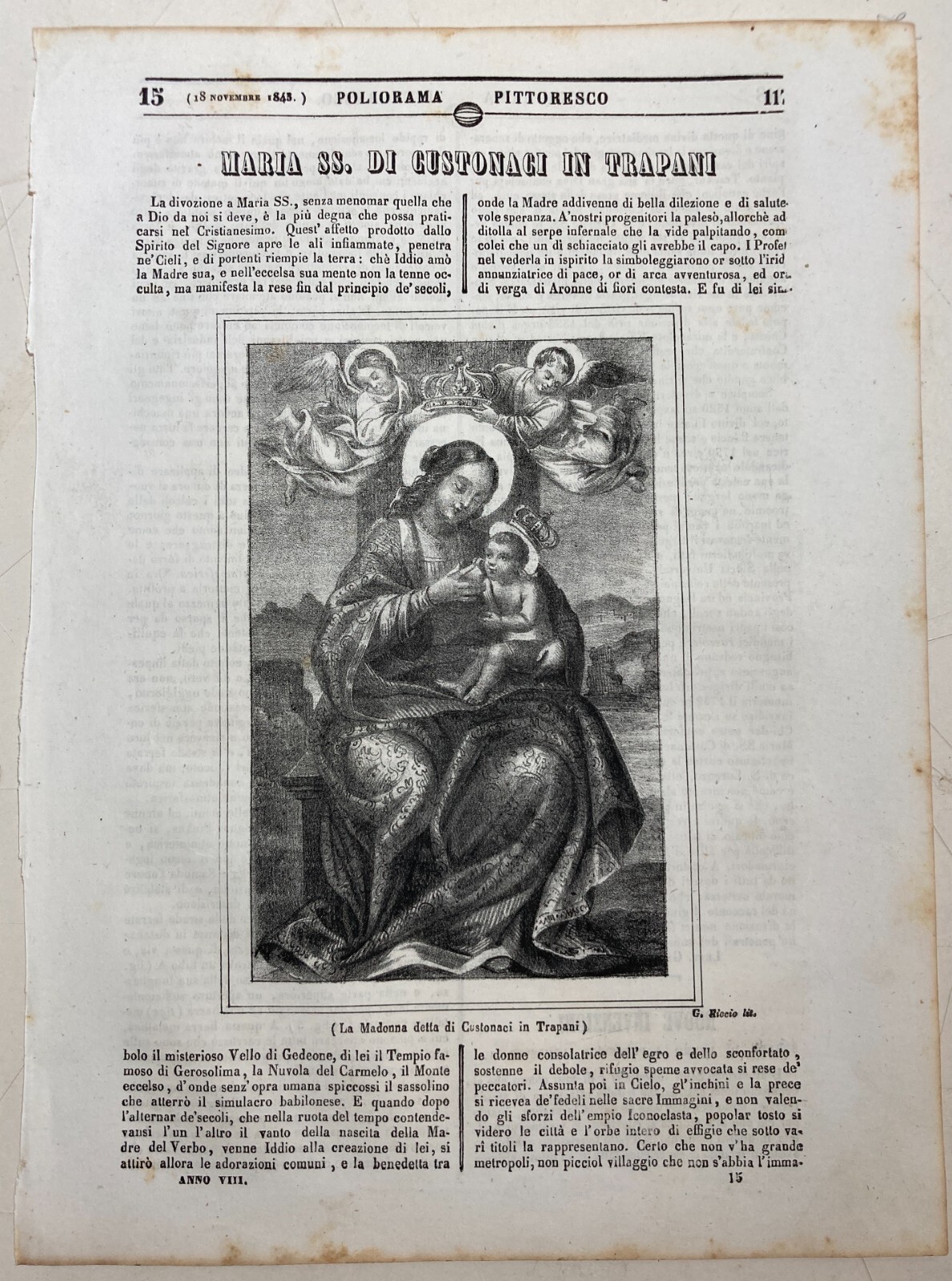 Sicilia, Trapani: Antica Stampa Devozionale, Madonna Di Custonaci, Litografia Riccio
