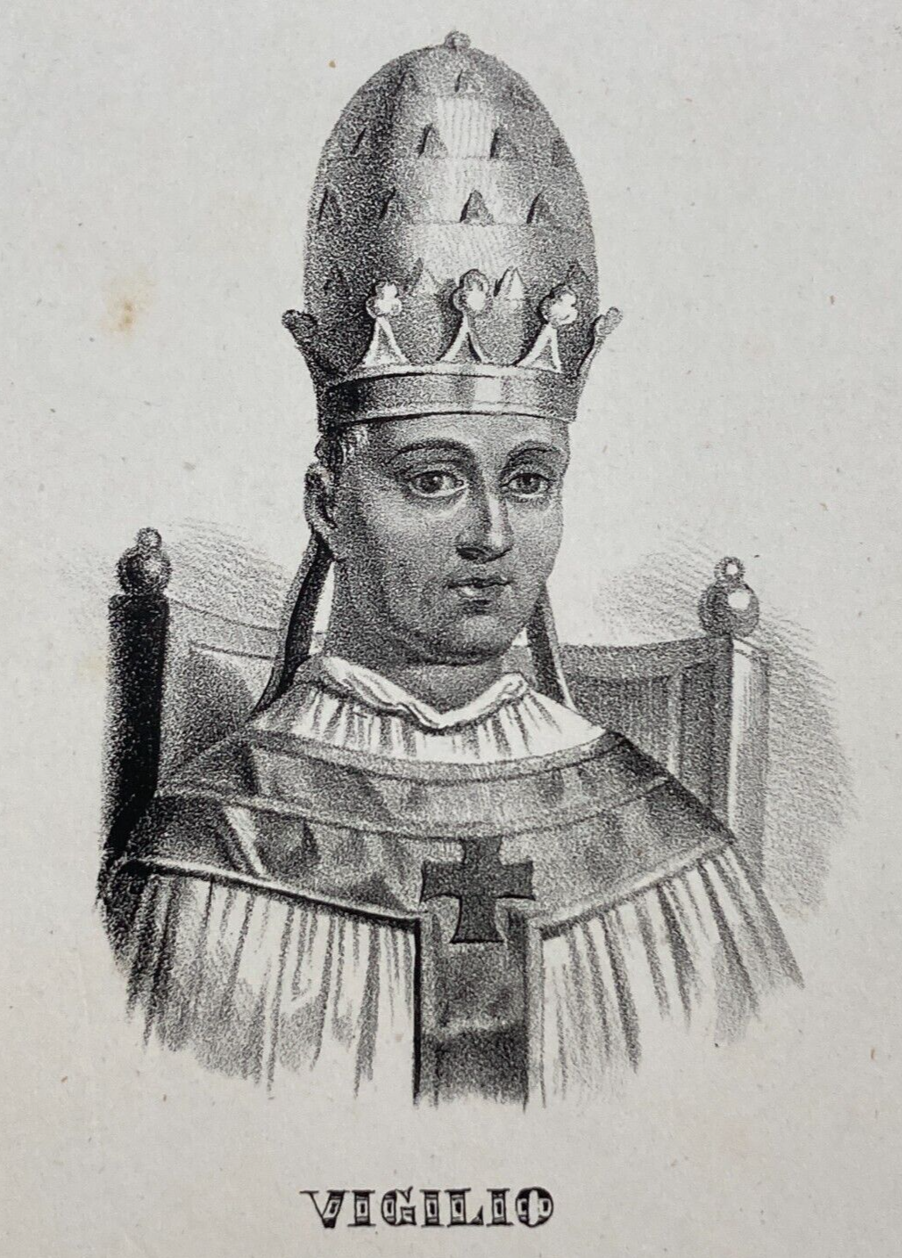 Storia Della Chiesa. Pontefice Vigilio. Antico Ritratto. Litografia Dell'800.