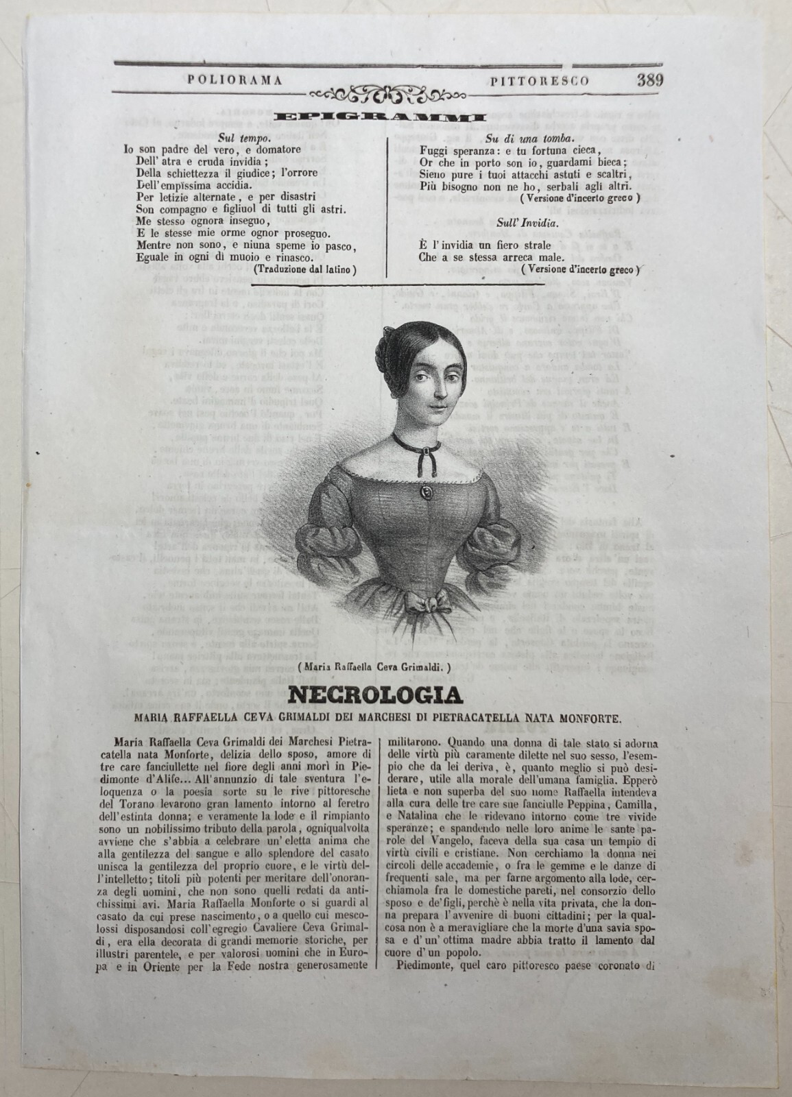 Ritratto Di Maria Raffaella Ceva Grimaldi (Pietracatella)   Litografia Del 1847