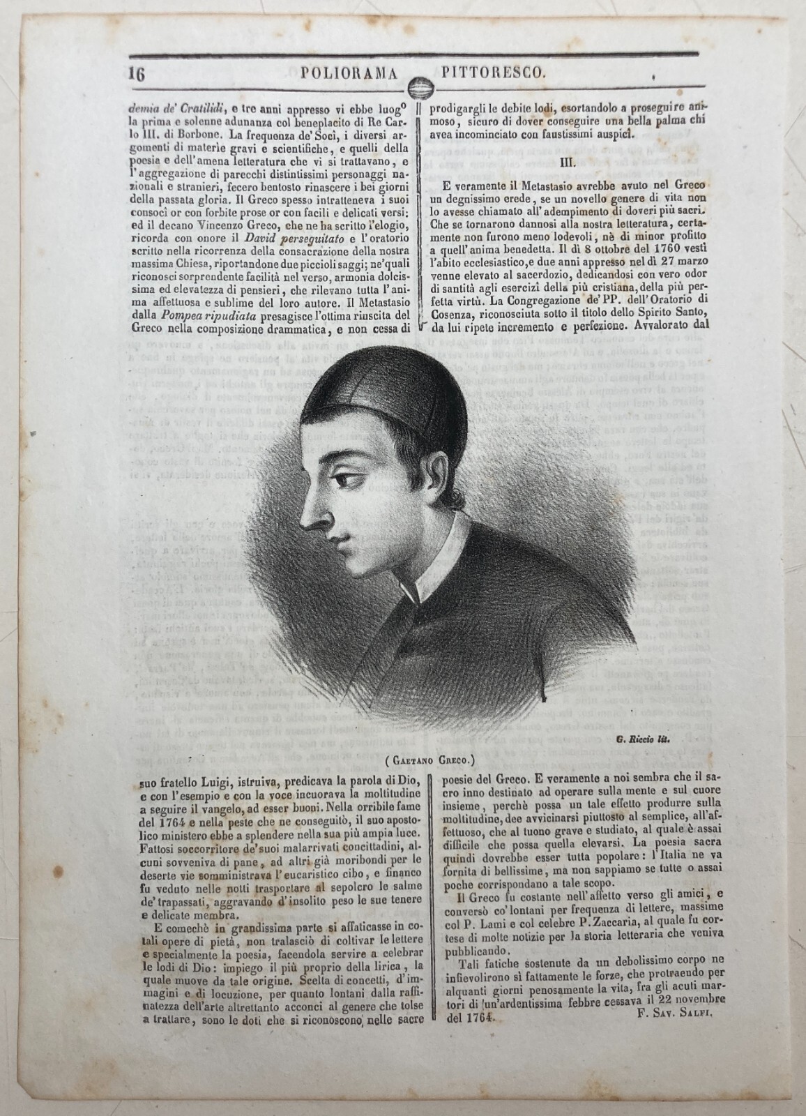 Calabria, Cosenza: Antico Ritratto Di Gaetano Greco, Litografia Dell'800, Riccio