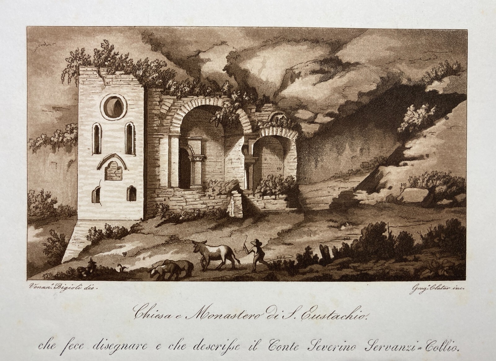 Marche, Antica Veduta Del Monastero Di S. Eustachio. Artista Bigioli, Incisore Cleter, XIX Secolo