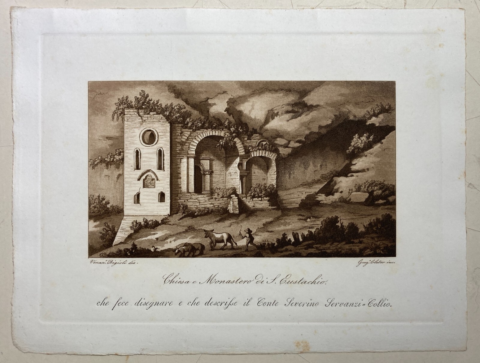 Marche, Antica Veduta Del Monastero Di S. Eustachio. Artista Bigioli, Incisore Cleter, XIX Secolo