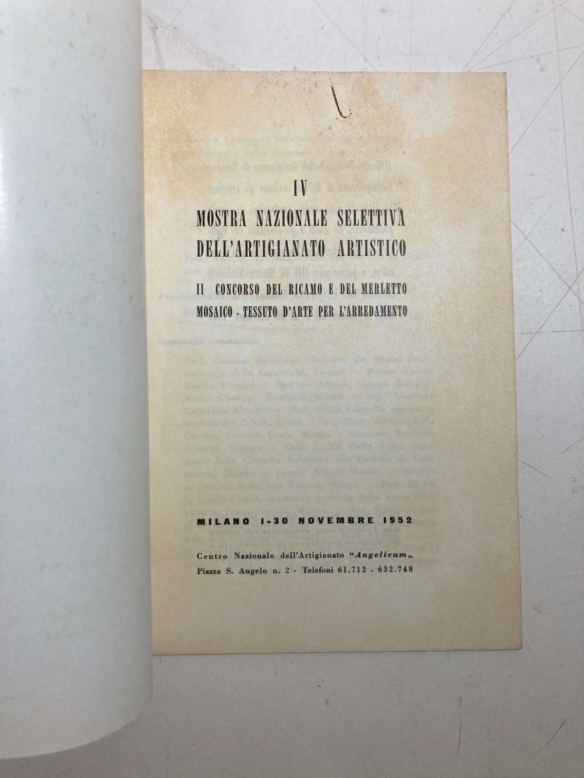 Milano: Mostra Artigianato Artistico Angelicum, Programma Ed Elenco Premi, 1952