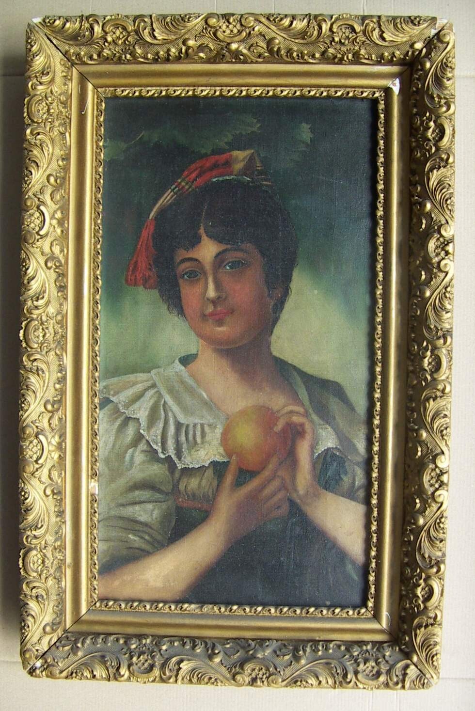 Ritratto Di Giovane Donna Con Frutto Olio Su Tela Fine '800