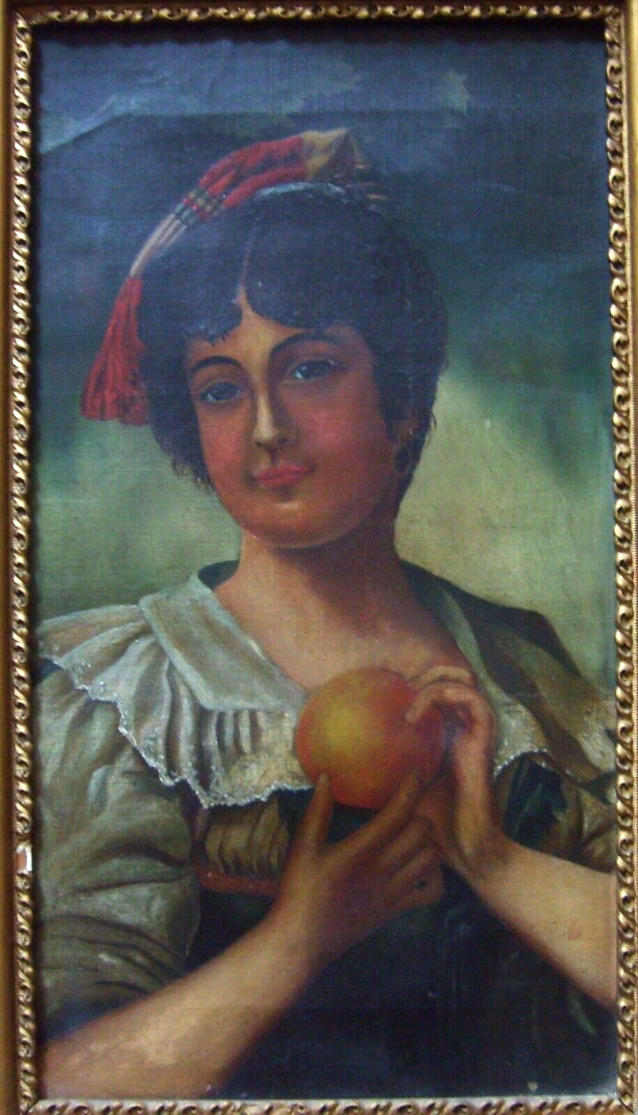 Ritratto Di Giovane Donna Con Frutto Olio Su Tela Fine '800