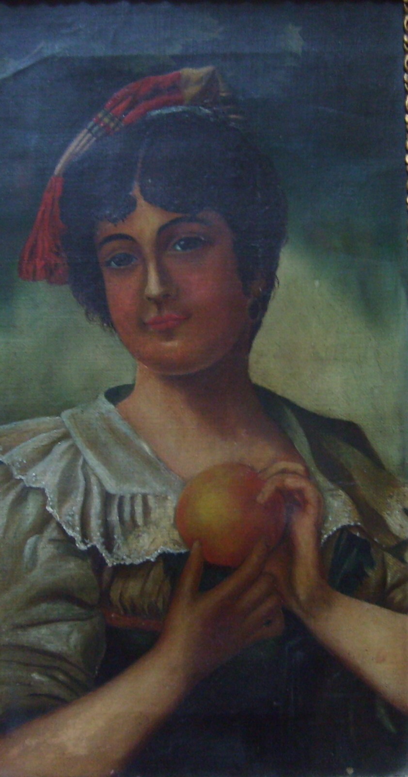 Ritratto Di Giovane Donna Con Frutto Olio Su Tela Fine '800