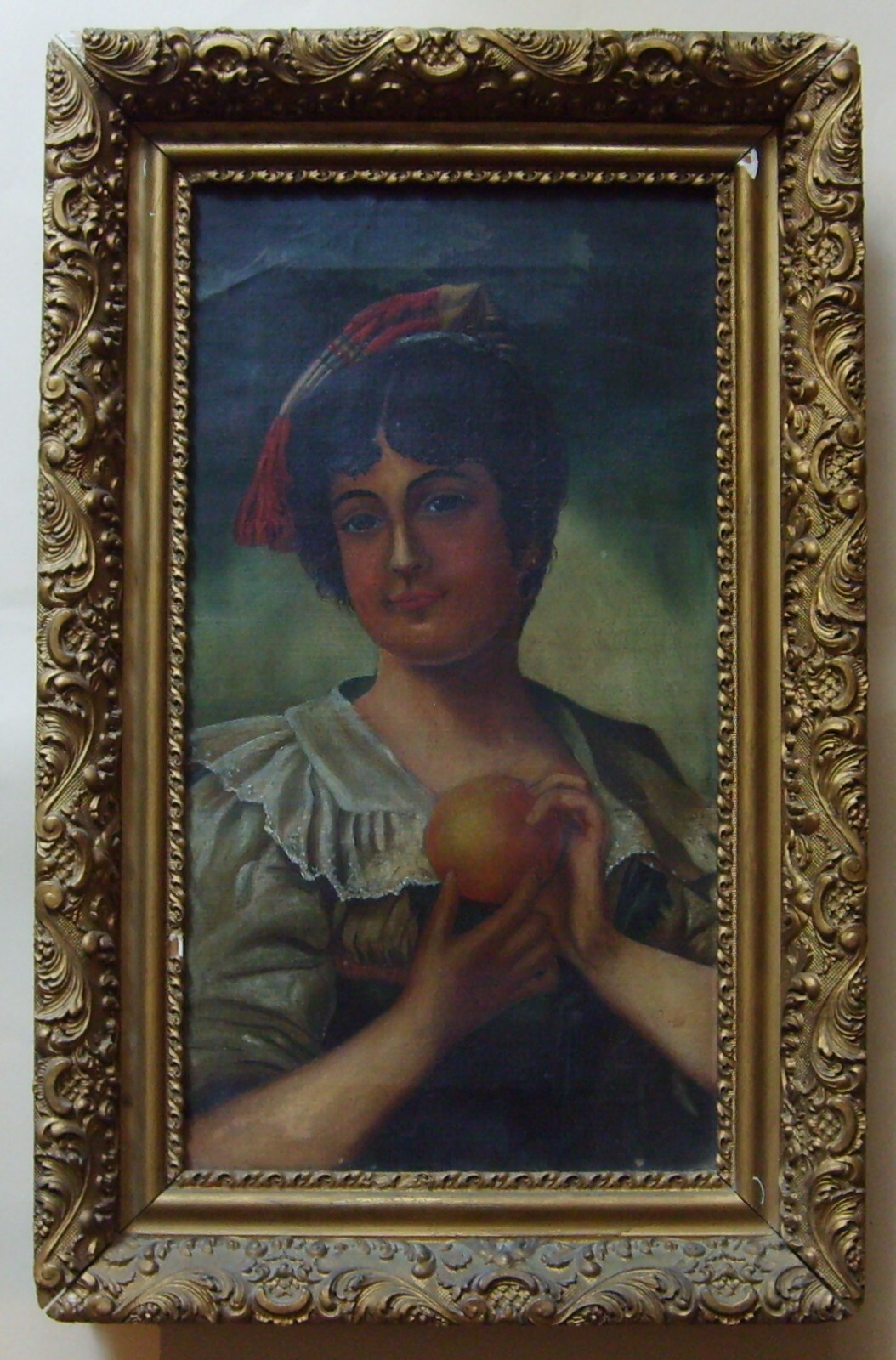 Ritratto Di Giovane Donna Con Frutto Olio Su Tela Fine '800