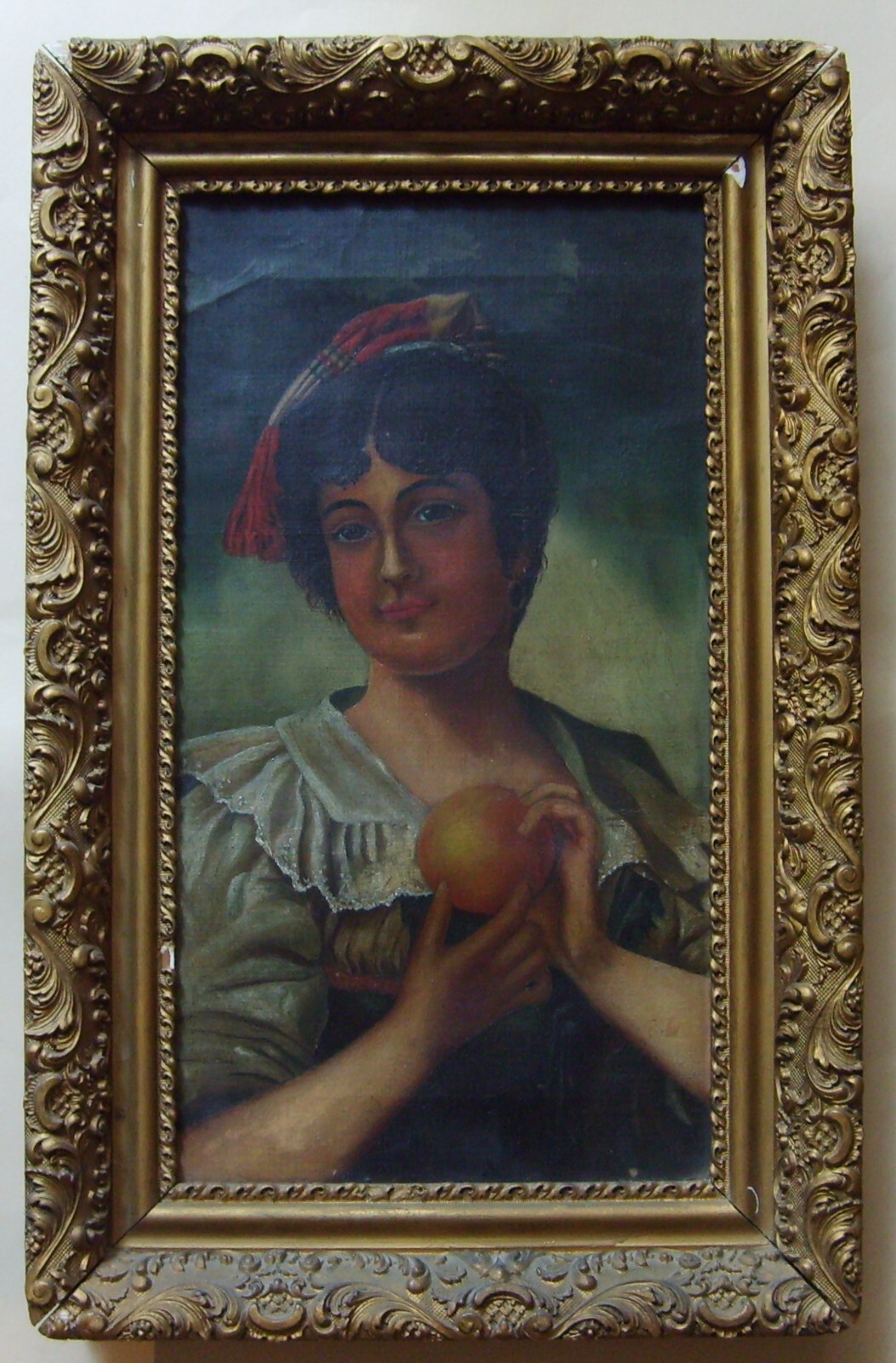 Ritratto Di Giovane Donna Con Frutto Olio Su Tela Fine '800