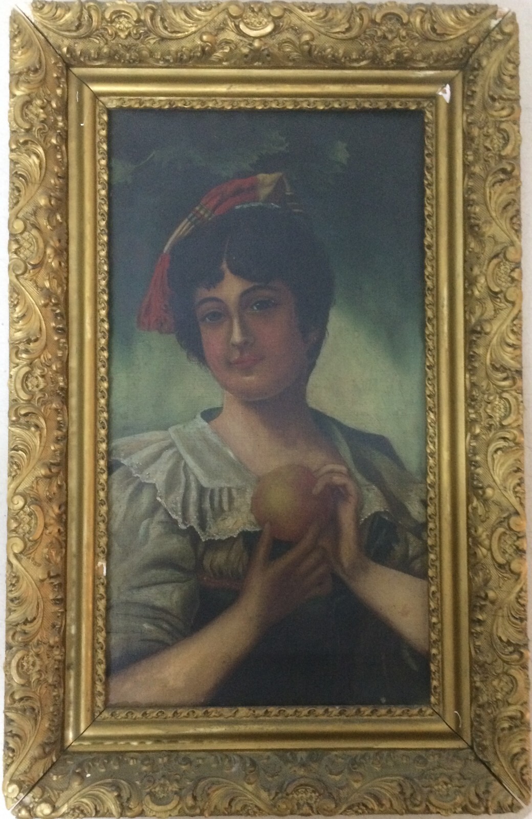 Ritratto Di Giovane Donna Con Frutto Olio Su Tela Fine '800