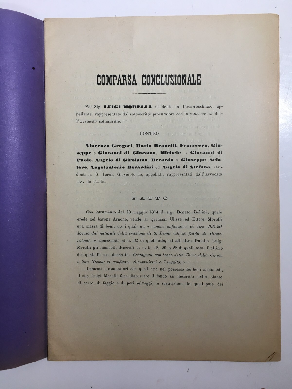 Rieti, Pescorocchiano, S. Lucia Gioverotondo: Vertenza Legale Morelli, Bellini, Barone Arnone, 1894