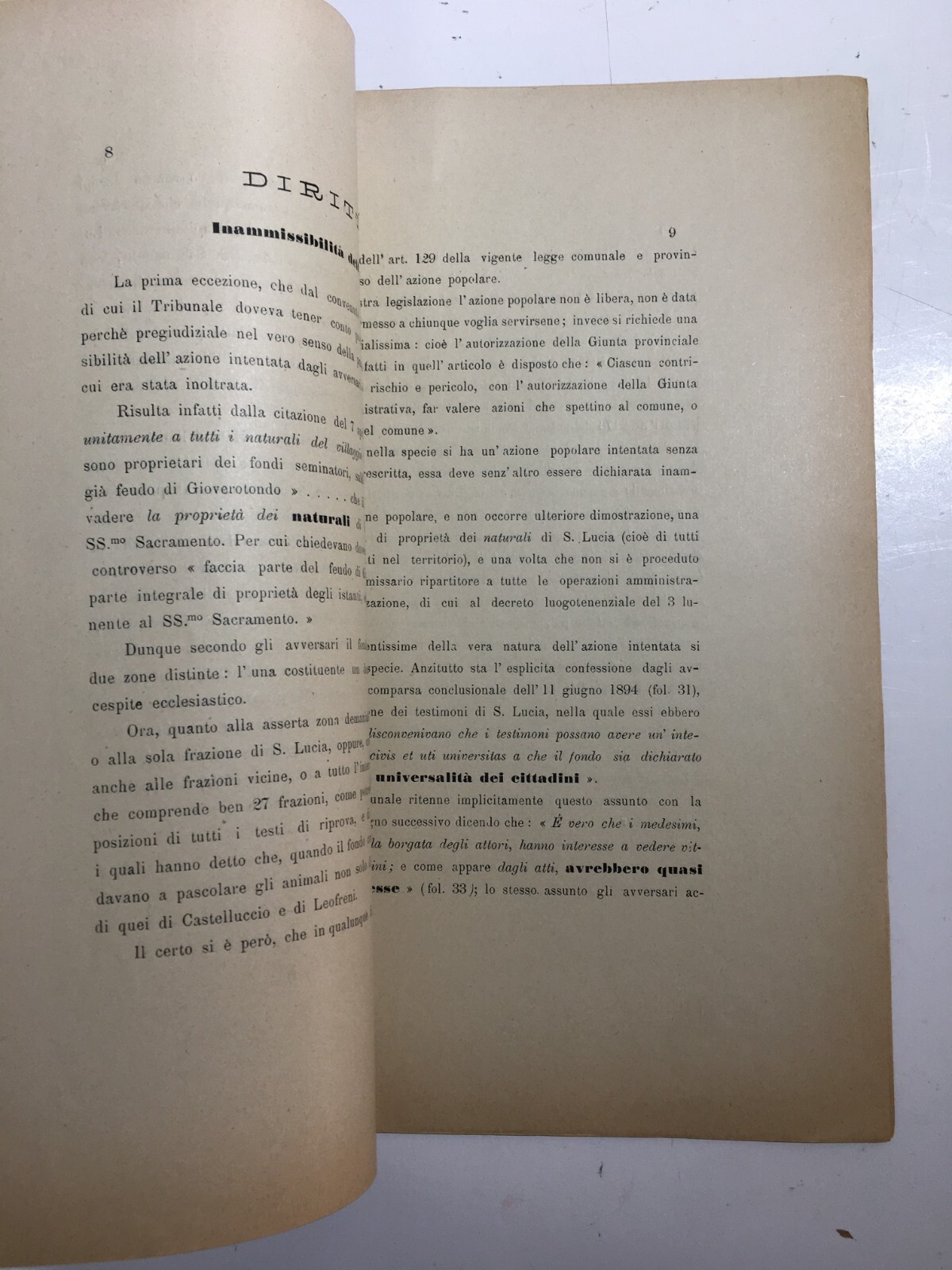 Rieti, Pescorocchiano, S. Lucia Gioverotondo: Vertenza Legale Morelli, Bellini, Barone Arnone, 1894
