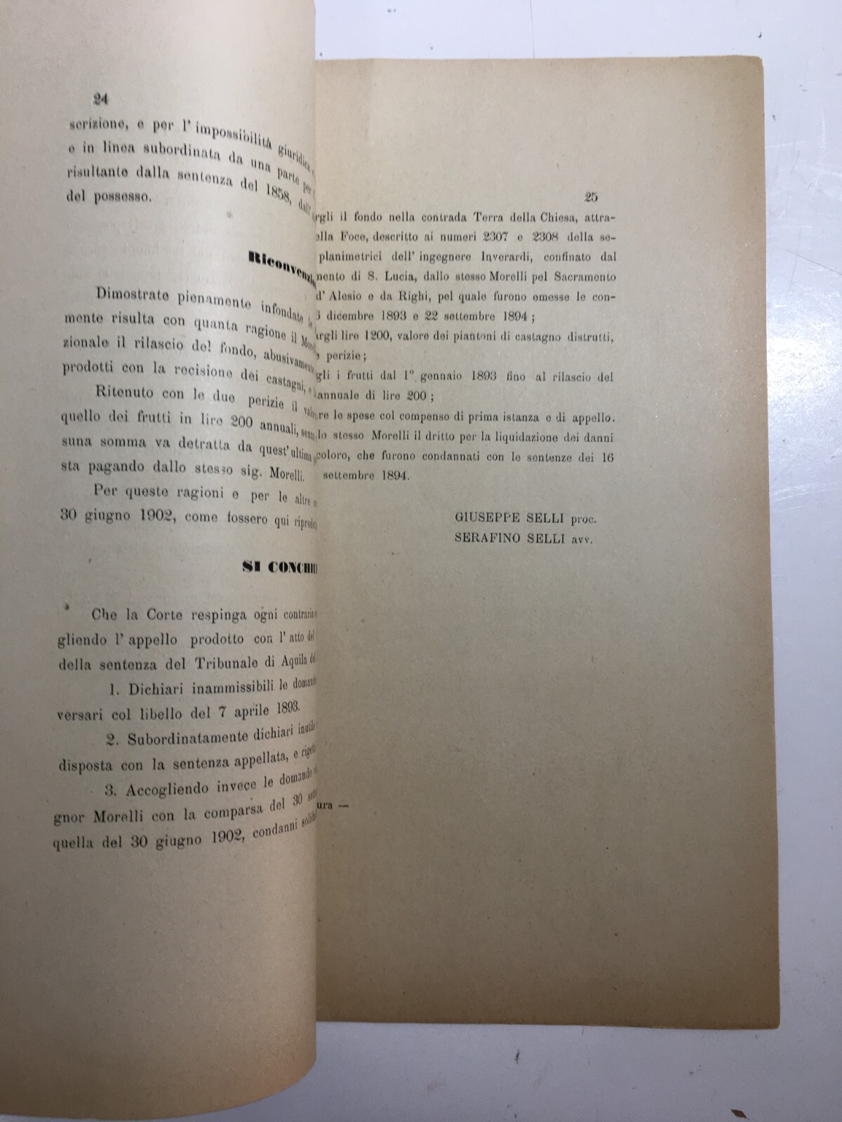 Rieti, Pescorocchiano, S. Lucia Gioverotondo: Vertenza Legale Morelli, Bellini, Barone Arnone, 1894