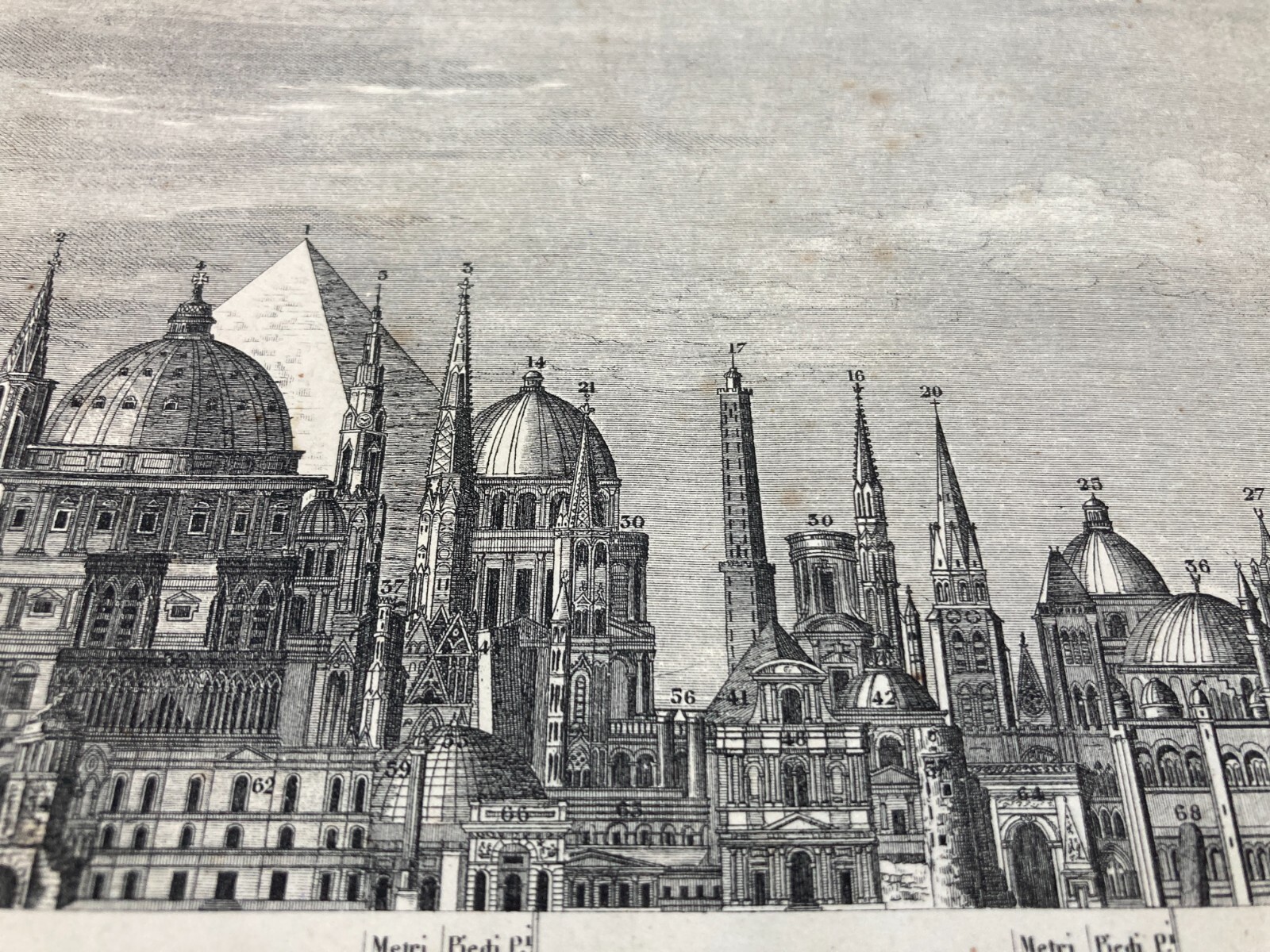 Altezze Dei Maggiori Monumenti: Piramidi, Torri, Campanili, Cattedrali. Stampa Dell'800